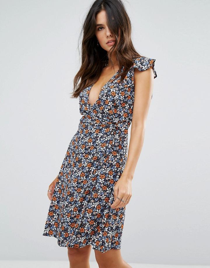 Qed London Floral Wrap Skater Dress - Blue