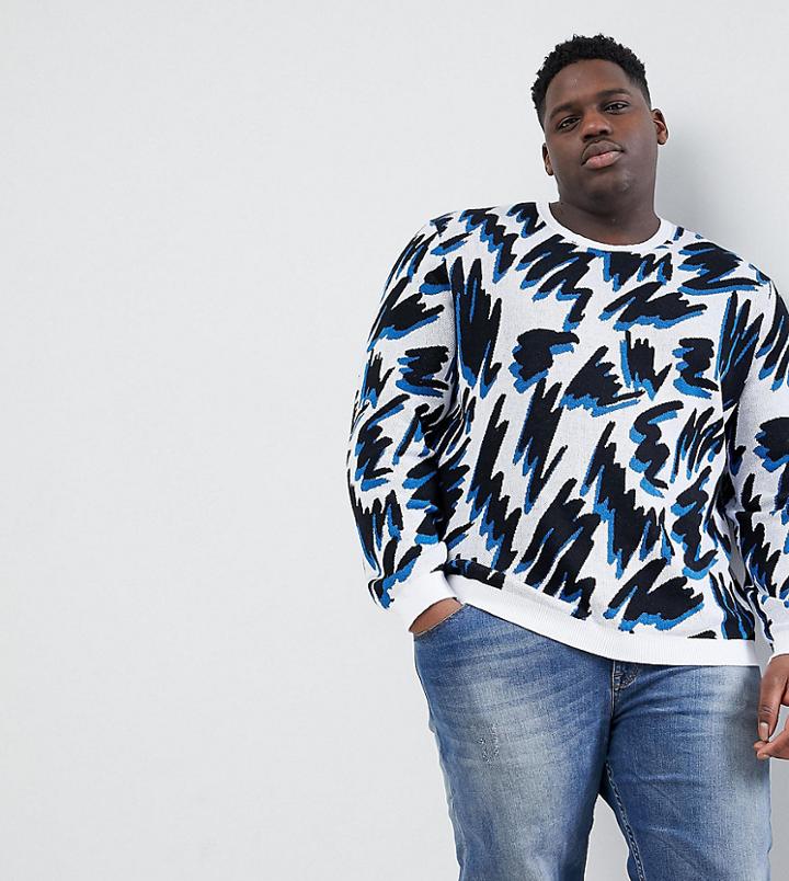 Asos Design Plus Sweater In White With Black And Blue Design - White