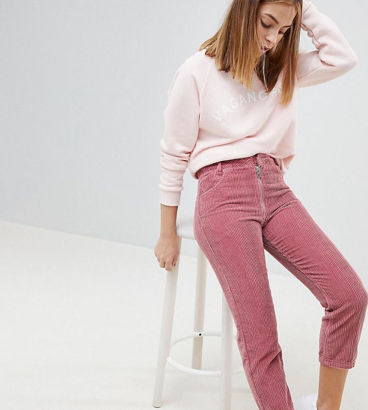 Asos Design Petite High Waist Authentic Straight Leg Jeans With Back Zip Through Rise Detail In Pink Cord - Pink
