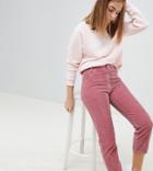 Asos Design Petite High Waist Authentic Straight Leg Jeans With Back Zip Through Rise Detail In Pink Cord - Pink