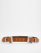 Asos Leather Double Buckle Western Tip Waist And Hip Belt - Tan
