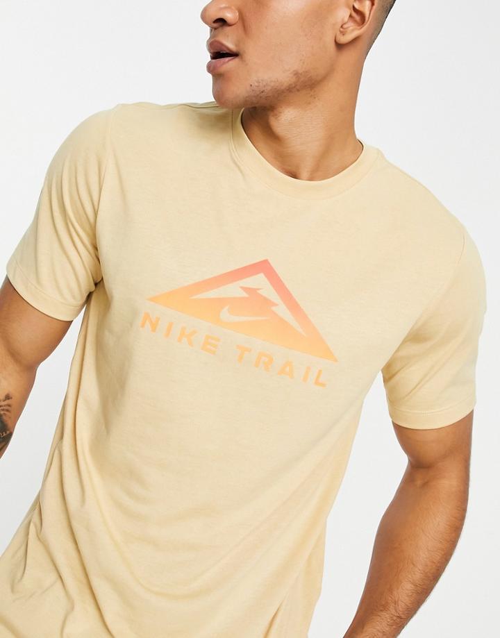 Nike Running Dri-fit Trail Logo T-shirt In Sand-white