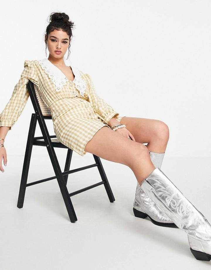 Sister Jane Mini Dress With Lace Collar In Beige Gingham-neutral