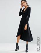 Asos Tall Midi Wrap Tea Dress With Long Sleeves - Black