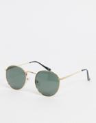 Asos Design Round Sunglasses In Gold Metal With Smoke Lens