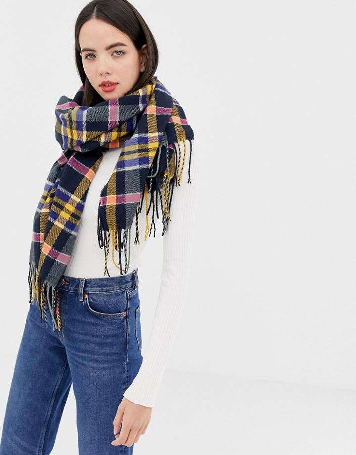 Esprit Check Scarf In Navy - Multi