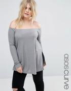 Asos Curve Off Shoulder Slouchy Top With Side Splits - Gray
