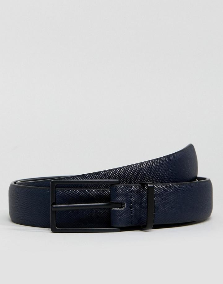 Asos Smart Slim Faux Leather Belt In Navy With Black Matte Buckle - Navy