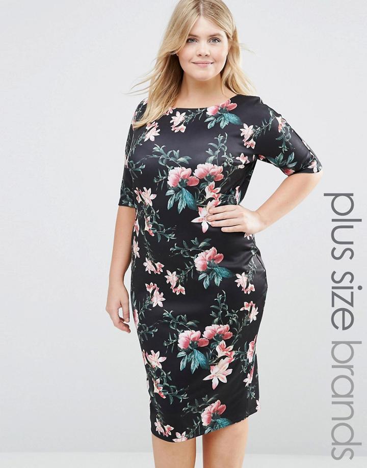 Ax Paris Plus Scuba Dress In Floral Print - Black Floral