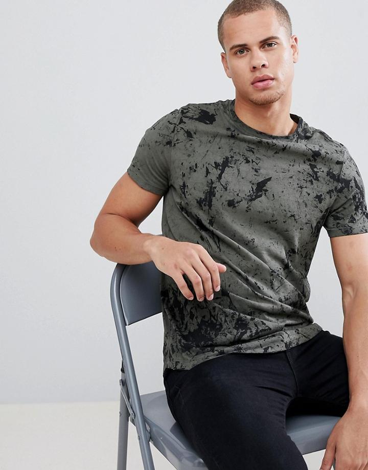 Asos Design Longline T-shirt With Curved Hem With Tie Dye In Khaki - Green