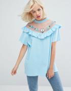 Lazy Oaf Oversized Sheer Panel T-shirt With Grumpy Cat And Frills - Blue