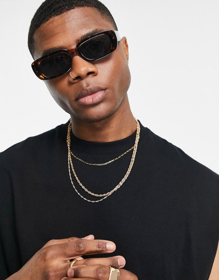 Asos Design Mid Rectangle Sunglasses In Recycled Plastic With Smoke Lens In Tortoiseshell-brown