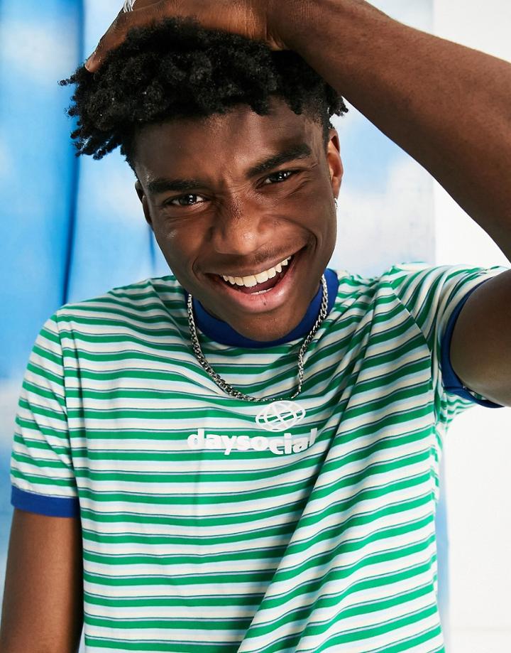 Asos Daysocial Shrunken Fit Ringer T-shirt With All Over Stripe And Logo Print In Green