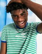 Asos Daysocial Shrunken Fit Ringer T-shirt With All Over Stripe And Logo Print In Green