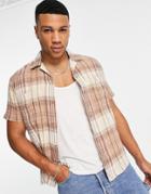 River Island Short Sleeve Crepe Check Shirt In Beige-neutral