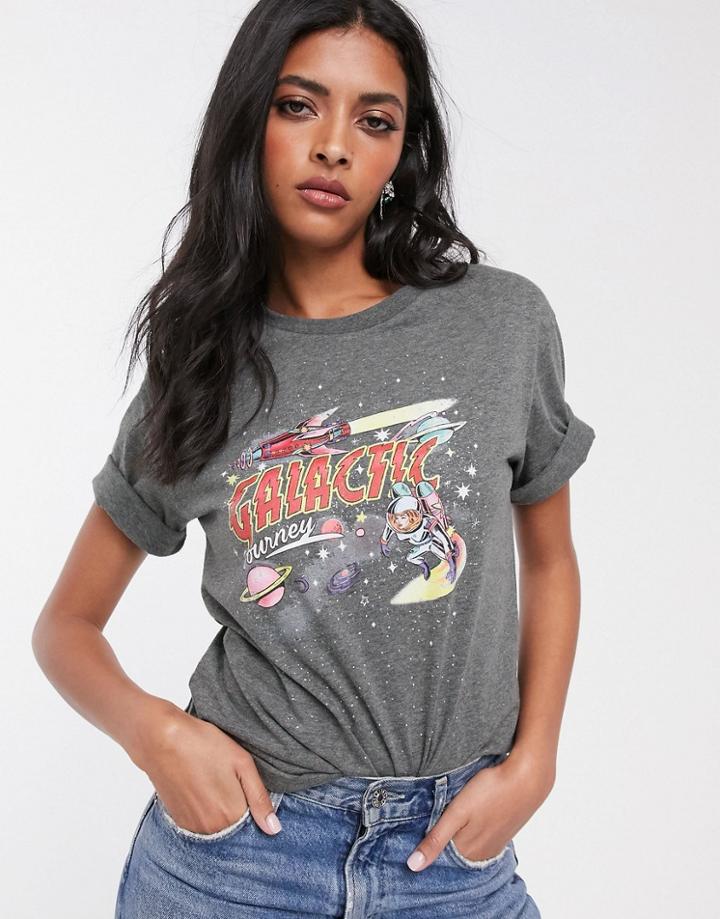 Stradivarius 'galactic Journey' Cosmic Print T-shirt In Black