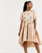 Dream Sister Jane Tiered Midaxi Dress With Puff Sleeves And Embellished Flowers In Taffeta-pink