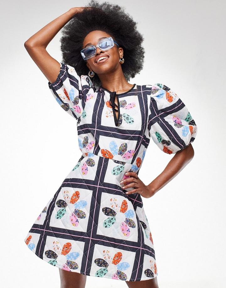 Asos Design Quilted Mini Skater Dress With Puff Sleeves In Patchwork Floral-multi