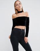 Asos Off Shoulder Top With Choker Detail In Velvet - Black