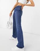 Pieces Kesia Mid Waist Flare Jeans In Mid Blue Wash-blues