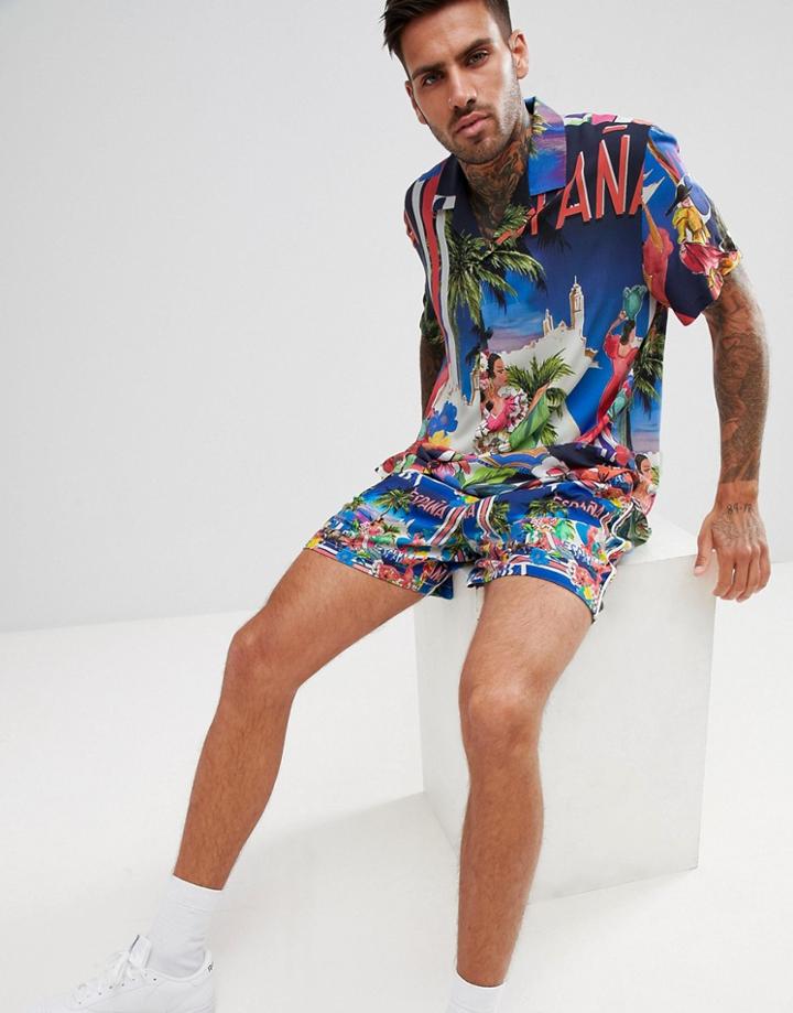 Asos Design Two-piece Oversized Tropical Postcard Print Shirt With Revere Collar - Navy