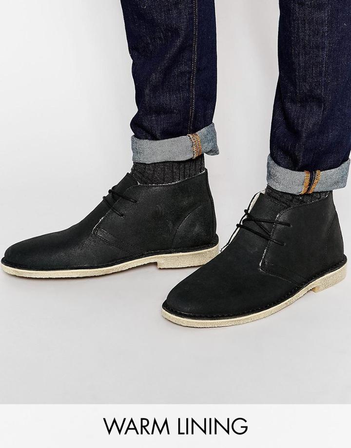 Asos Desert Boots In Waxed Suede With Shearling Look Lining - Black