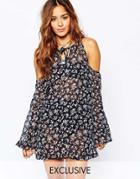Milk It Vintage Sheer Top In Ditsy Floral Print With Cold Shoulder Detail - Blue