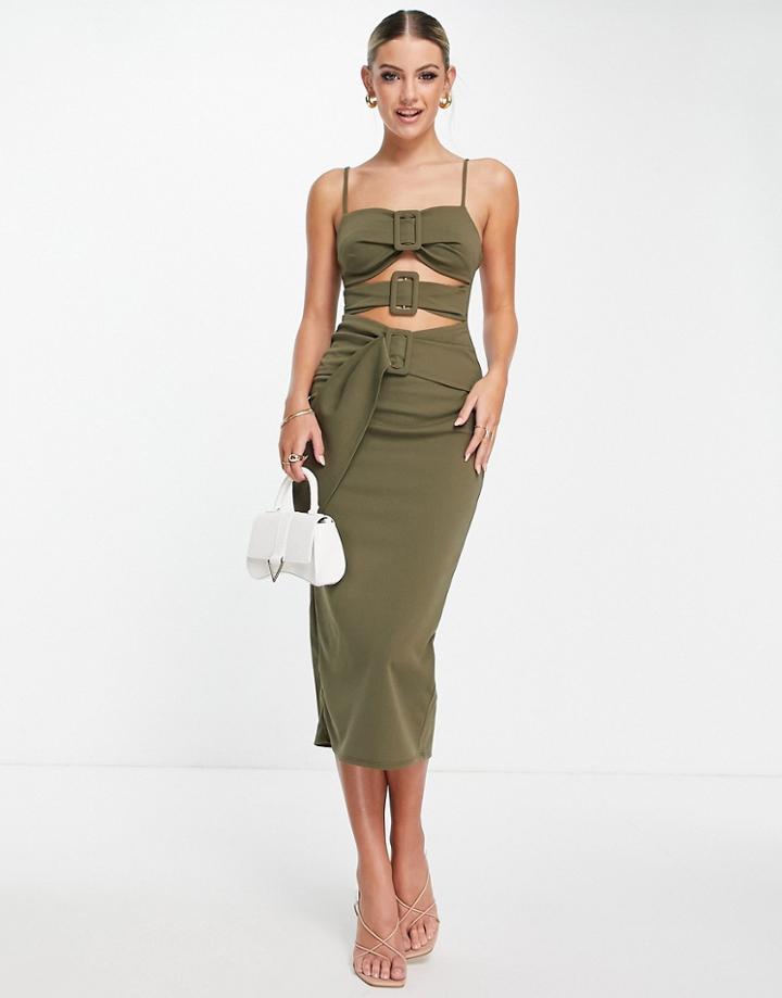 Asos Design Triple Belt Cami Midi Dress In Khaki-green