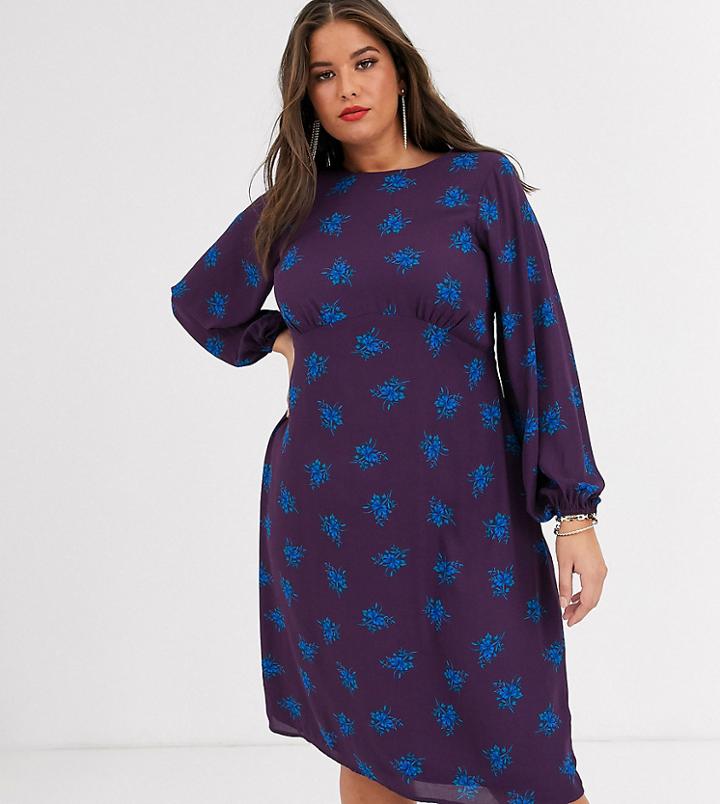 Fashion Union Plus Long Sleeve Tea Dress In Purple Floral
