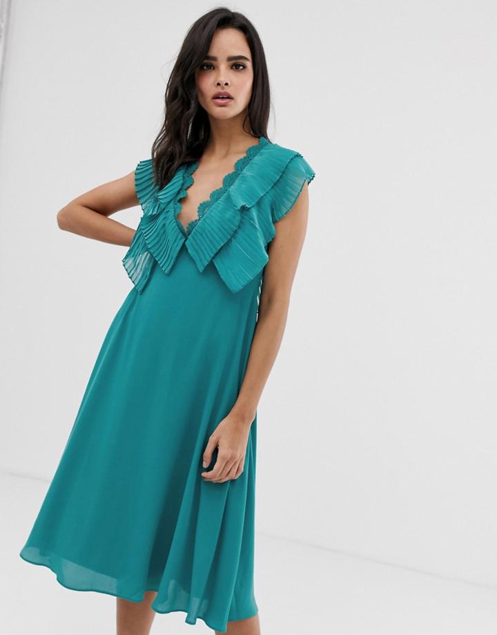 Asos Design Double Layer Pleat Sleeve Midi Dress With Scallop Trim-blue