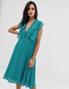 Asos Design Double Layer Pleat Sleeve Midi Dress With Scallop Trim-blue