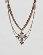 Asos Design Statement Multirow Necklace With Vintage Cross Pendant - Gold