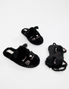 Head Over Heels By Dune Figaro Black Cat Slippers With Cat Eye Mask Pack - Black