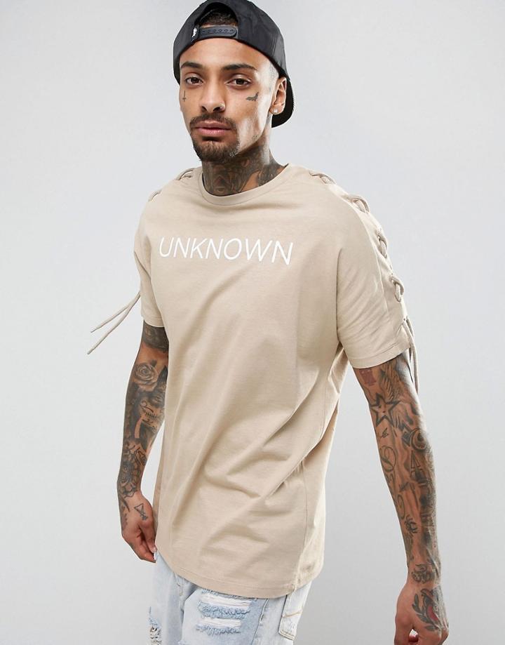 Asos Oversized T-shirt With Unknown Print And Lace-up Sleeves - Beige