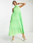 Asos Design High Neck Tiered Maxi Dress In Neon Green