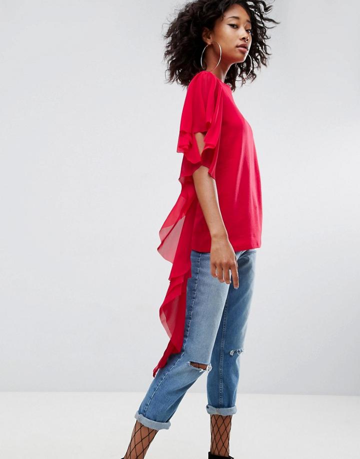 Asos T-shirt With Dramatic Assymetric Woven Ruffle - Red