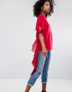 Asos T-shirt With Dramatic Assymetric Woven Ruffle - Red