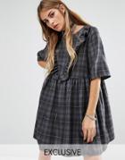 Reclaimed Vintage Oversized Smock Dress With Ruffle Front - Gray