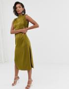 Asos Design Satin Midi Dress With Drape Armhole And Side Split-green