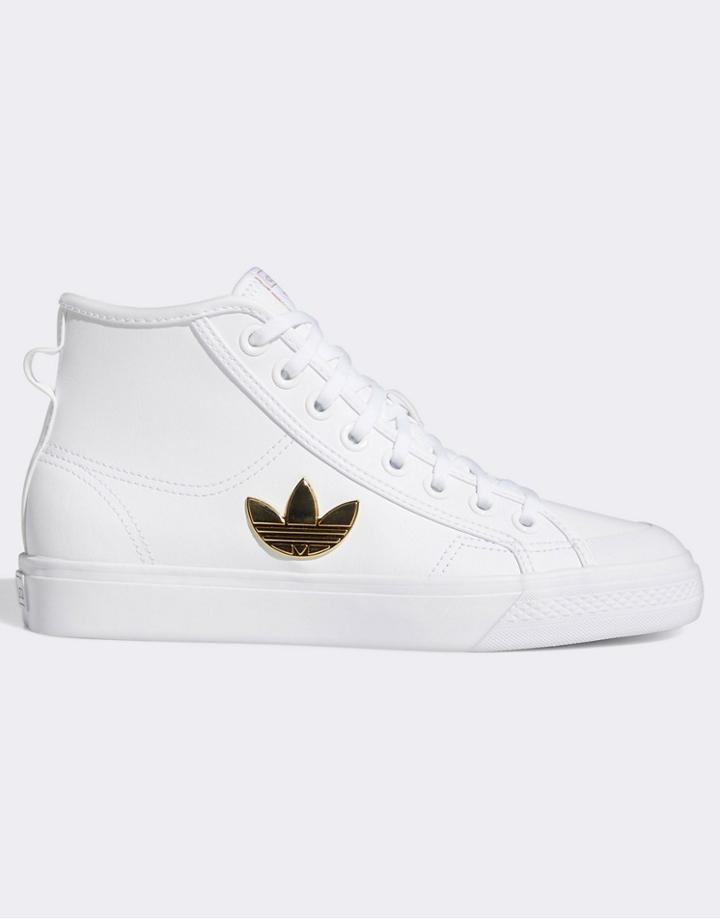 Adidas Originals Nizza Mid Sneakers In White With Gold Logo