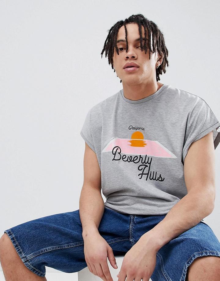 Asos Design Oversized Sleeveless T-shirt With Dropped Armhole With Beverly Hills Print - Gray