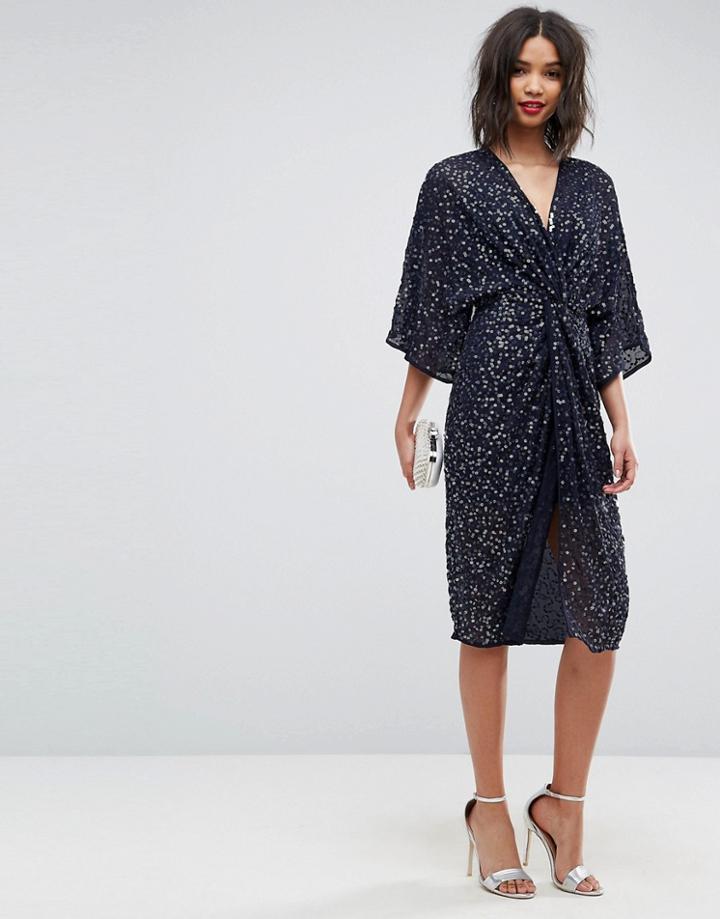 Asos Sequin Kimono Midi Dress - Navy