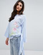 Warehouse Rose Embroidered Tie Side Top - Blue