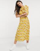 Asos Design Frill Neck Midi Tea Dress In Yellow Floral Print-multi