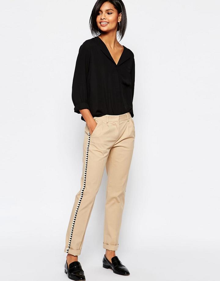 Sisley Slim Fit Pants In Beige With Trim - Beige
