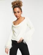 Asos Design Long Sleeve Top With Feather Cuff Detail In Cream-white