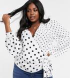 Asos Design Curve Wrap Top With Tie Cuff In Mixed Polka Dot-multi