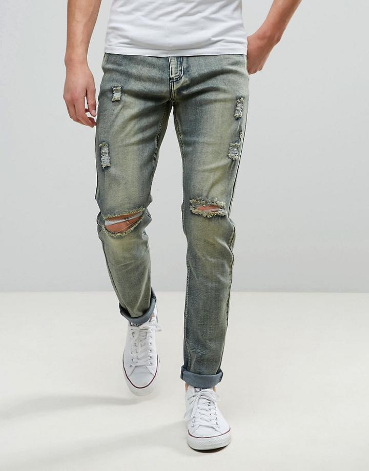Liquor & Poker Slim Jean Ripped Dirty Brush Wash - Blue
