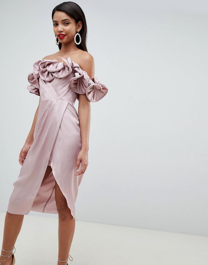 Asos Design Occasion Satin Pencil Dress With Extreme Ruffle Bandeau - Pink