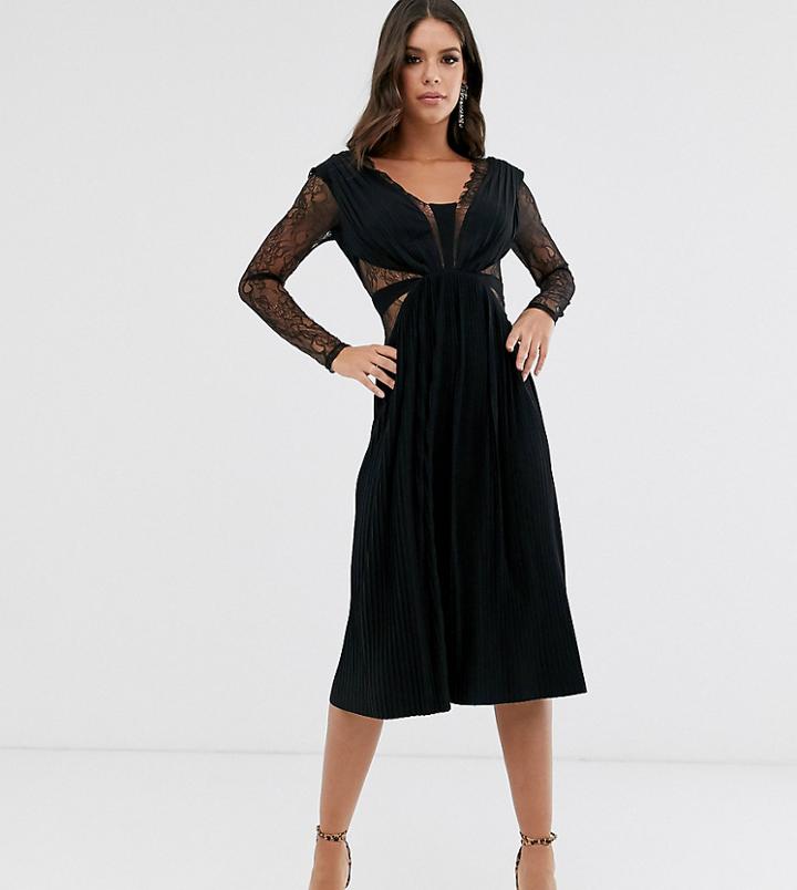 Asos Design Tall Lace And Pleat Long Sleeve Midi Dress